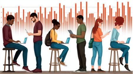 A diverse group of young adults, men and women, are engaged with their electronic devices, laptops and tablets, in a contemporary environment with a blurred background of abstract vertical lines.の素材