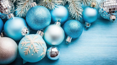 A close-up shot of various blue and silver Christmas ornaments scattered amongst pine branches on a rustic blue wooden surface.の素材