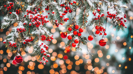 Close-up of snow-covered pine branches adorned with bright red baubles and twinkling bokeh lights, evoking a warm holiday spirit.の素材