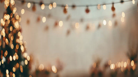 A beautifully decorated Christmas tree with warm bokeh lights and a festive garland creates a cozy and magical atmosphere.の素材