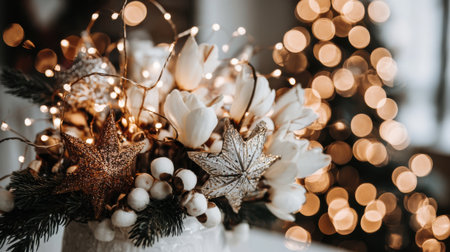 A close-up of a beautiful Christmas arrangement featuring pinecones, berries, and white flowers, illuminated by warm, twinkling fairy lights.の素材
