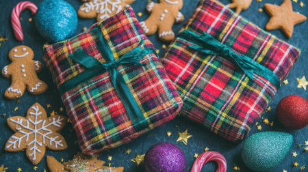 Overhead view of two plaid Christmas gifts tied with green ribbon, surrounded by gingerbread cookies, ornaments, and star confetti on a dark blue background.の素材