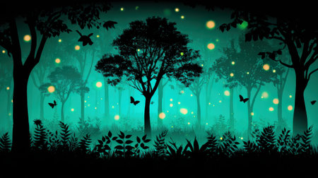 A mystical forest scene at night, illuminated by glowing fireflies and visited by delicate butterflies.の素材