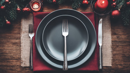 A beautifully arranged Christmas dinner table setting featuring dark plates, cutlery, a red napkin, and festive greenery with candles.の素材