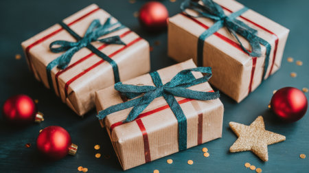 Three beautifully wrapped Christmas presents tied with green ribbons, surrounded by red baubles and star-shaped cookies on a dark background.の素材