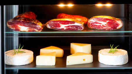 A close-up view of a refrigerator shelf showcasing an assortment of artisanal cured meats and fine cheeses, beautifully arranged for display.の素材