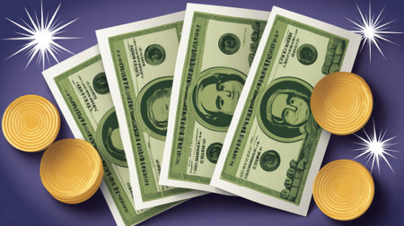 A close-up shot of four hundred dollar bills fanned out with three gold coins on a purple background with white sparkles.の素材