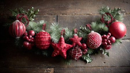A beautiful red Christmas garland adorned with ornaments and berries, set against a textured wooden surface.の素材
