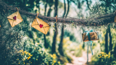 Whimsical forest wedding setup featuring decorative envelopes with heart seals, suspended from a tree branch, creating a magical atmosphere.の素材