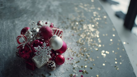 A close-up of a beautiful Christmas ornament arrangement featuring red and white baubles, snowflakes, and berries, scattered with shimmering glitter.の素材