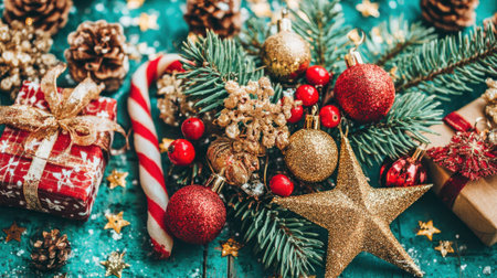 A close-up view of various Christmas ornaments, pine cones, candy canes, and gift boxes arranged on a teal wooden surface, creating a festive holiday scene.の素材