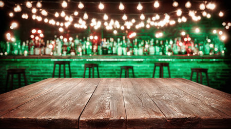 A rustic wooden table sits empty in the foreground, with a blurred bar and glowing string lights in the background.の素材
