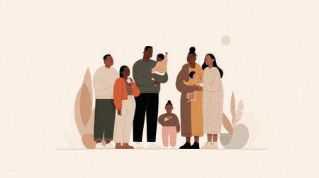A vibrant illustration depicting a diverse group of people of various ages and ethnicities standing together, symbolizing unity and community.の素材