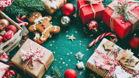 A delightful overhead view of Christmas presents, gingerbread cookies, candy canes, and festive ornaments scattered on a dark green surface.の素材