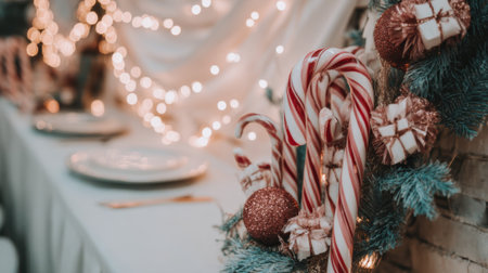 A beautifully decorated Christmas table with plates, cutlery, and a garland of candy canes, ornaments, and pine branches, illuminated by soft, warm fairy lights.の素材