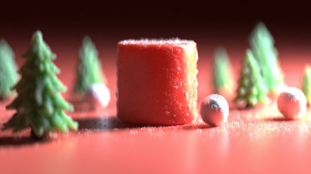 A close-up of a red candy surrounded by miniature Christmas trees and baubles, creating a whimsical holiday display.の素材