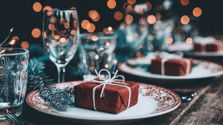 A beautifully decorated Christmas table setting with plates, wine glasses, and small gift boxes, illuminated by warm bokeh lights.の素材