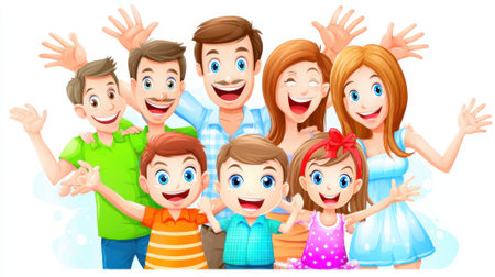 A cheerful cartoon illustration of a large, diverse family with multiple generations waving and smiling, representing unity and happiness.の素材