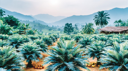 A serene landscape featuring rows of young palm trees stretching towards misty mountains, with a rustic structure visible in the distance.の素材