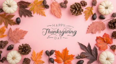 A festive Thanksgiving arrangement featuring mini pumpkins, colorful autumn leaves, and pinecones on a pink background.の素材