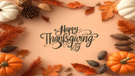 A festive Thanksgiving Day greeting surrounded by a decorative border of autumn fall harvest elements including pumpkins, pinecones, and colorful leaves.の素材