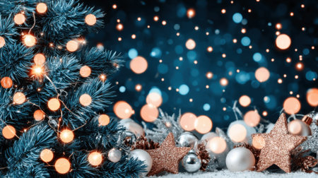 A close-up of a decorated Christmas tree with warm, glowing lights and festive ornaments, set against a bokeh background of blue and orange.の素材