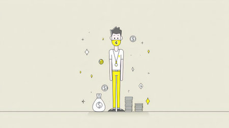 Minimalist illustration of a man with a money bag and stacks of coins, symbolizing financial growth and prosperity.の素材