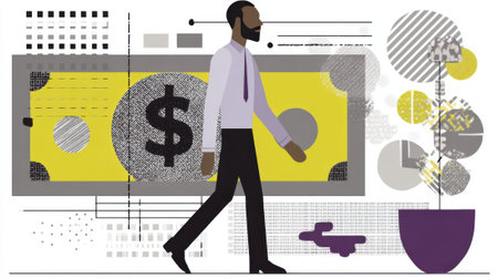 A man in business attire walks past a large dollar bill and abstract shapes, symbolizing financial concepts and business progress.の素材