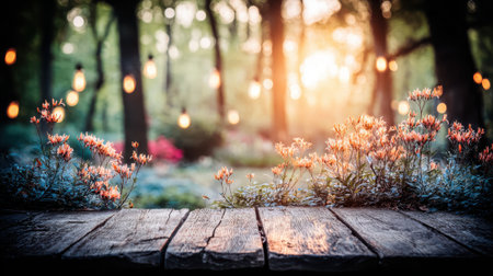 A weathered wooden table in a magical forest setting, illuminated by warm fairy lights and surrounded by blooming flowers.の素材
