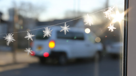 A close-up view of a string of snowflake-shaped lights or decorations hanging on a window, with a blurred white vehicle visible outside.の素材