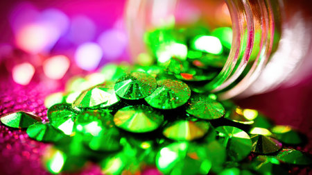 A close-up shot of numerous small, faceted green gemstones spilling out of a clear jar onto a textured surface.の素材