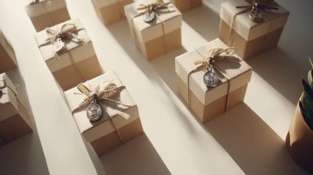 A collection of neatly arranged gift boxes, each tied with a rustic ribbon and adorned with a small tag, suggesting celebration and thoughtful giving.の素材