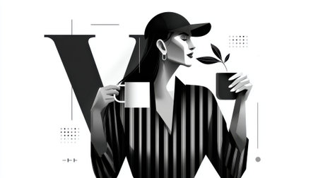 A chic woman wearing a baseball cap and striped top holds a coffee mug and a small potted plant. The illustration is in a modern, minimalist black and white style with graphic elements.の素材