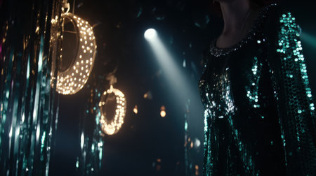 A festive scene with glowing disco balls and a person in a shimmering sequined dress illuminated by a spotlight.の素材