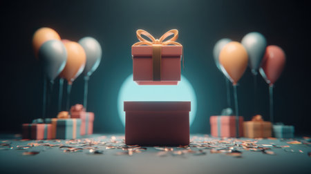 A magical surprise gift box hovers above an open present, surrounded by festive balloons and scattered confetti, creating a celebratory atmosphere.の素材