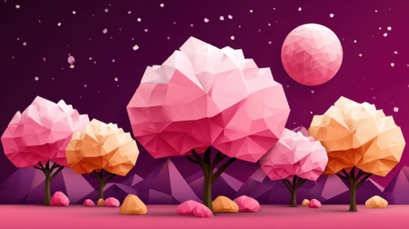 A surreal, low poly landscape featuring stylized pink and orange trees under a starry night sky with a large, textured moon.の素材