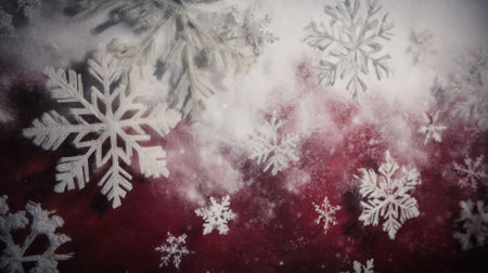 A festive and magical winter scene with large and small snowflakes drifting down against a deep red, textured background, creating a cozy and celebratory atmosphere.の素材