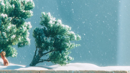 A serene winter landscape featuring snow-covered evergreen trees with gentle snowfall in a soft blue background.の素材