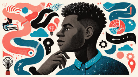 A close-up portrait of a Black man with a pensive expression, surrounded by abstract shapes, gears, lightbulbs, and clouds, representing ideas and innovation.の素材