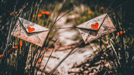 Close-up of two envelopes decorated with red hearts, suspended on thin branches amidst lush greenery.の素材