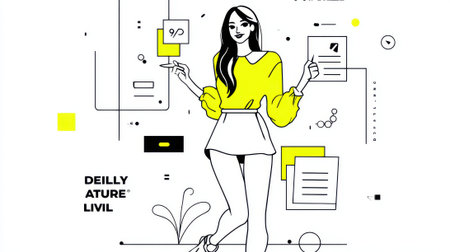 A stylized illustration of a young woman in a yellow top and white skirt, surrounded by abstract digital elements and documents, suggesting a modern business or creative workflow.の素材
