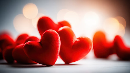 A close-up shot of several red heart shapes with a soft bokeh effect in the background, creating a romantic and warm atmosphere.の素材