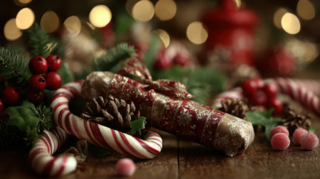 A close-up of a rustic Christmas decoration featuring a pinecone, candy canes, and festive greenery with bokeh lights.の素材