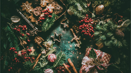 A beautiful overhead view of Christmas cookies, candy canes, pine branches, berries, and wrapped gifts, creating a rich holiday scene.の素材