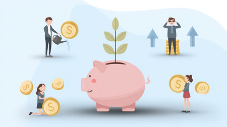 Illustration depicting financial growth, savings, and investment with a piggy bank, coins, and people interacting with them.の素材