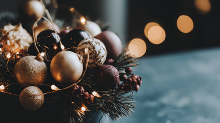 A close-up view of a beautiful Christmas arrangement featuring various ornaments and warm, glowing fairy lights.の素材