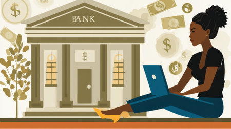 A young Black woman sits outdoors using a laptop, with a bank building and floating money symbols in the background.の素材