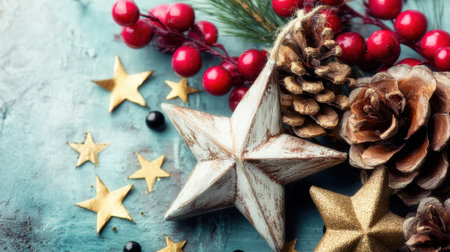 A close-up view of rustic Christmas ornaments including stars, pine cones, and holly berries, arranged on a textured teal surface, evoking a festive and natural holiday theme.の素材
