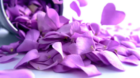 A close up shot of many purple rose petals falling out of a container, creating a beautiful and romantic scene.の素材