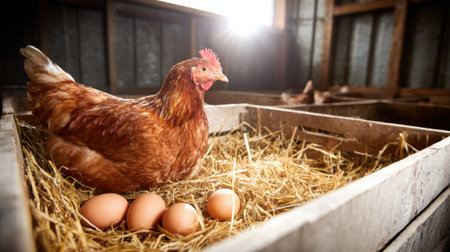 A brown hen is sitting on a nest filled with straw, protecting her eggs. The scene is set inside a rustic chicken coop with soft light filtering in.の素材